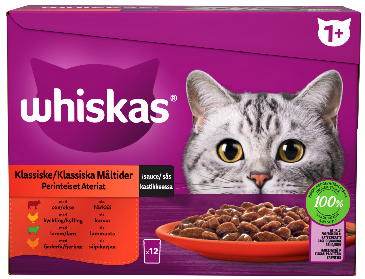 Whiskas 1+ perinteiset ateriat kastikkeessa 12x85g