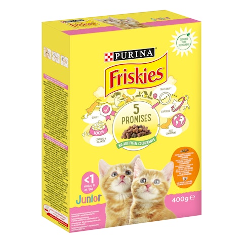 Friskies Junior Kanaa,Maitoa ja lisättyjä Kasviksia 400g kissanruoka