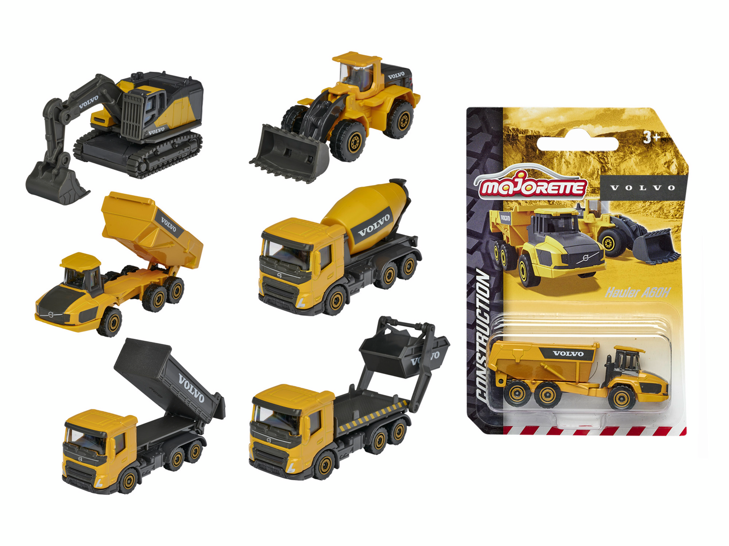 Majorette Volvo työmaa-ajoneuvot, 7,5 cm, lajitelma, myydään yksittäin