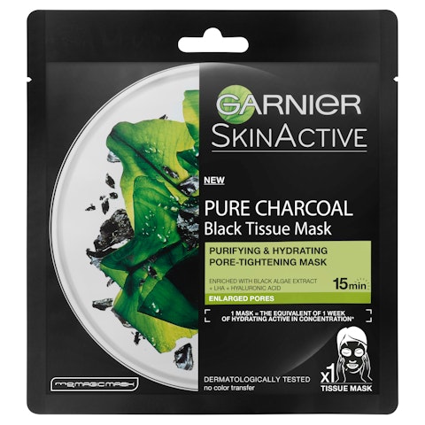 Garnier Skin Active 32g Black Tissue Pure Charcoal Black Algae mattapinnan jättävä puhdistava naamio