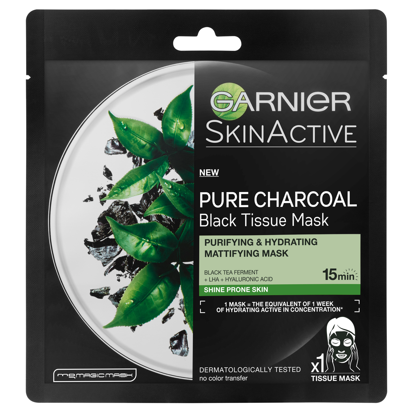 Garnier Skin Active 32g Black Tissue Pure Charcoal Black Tea puhdistava ja kosteuttava kangasnaamio