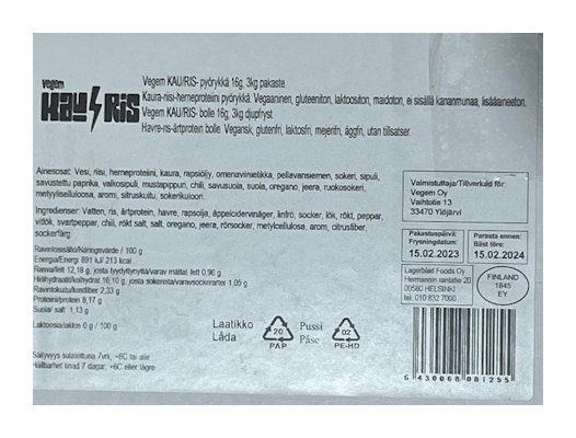 Vegem Kau/Ris vegepyörykkä 16g/3kg pakaste