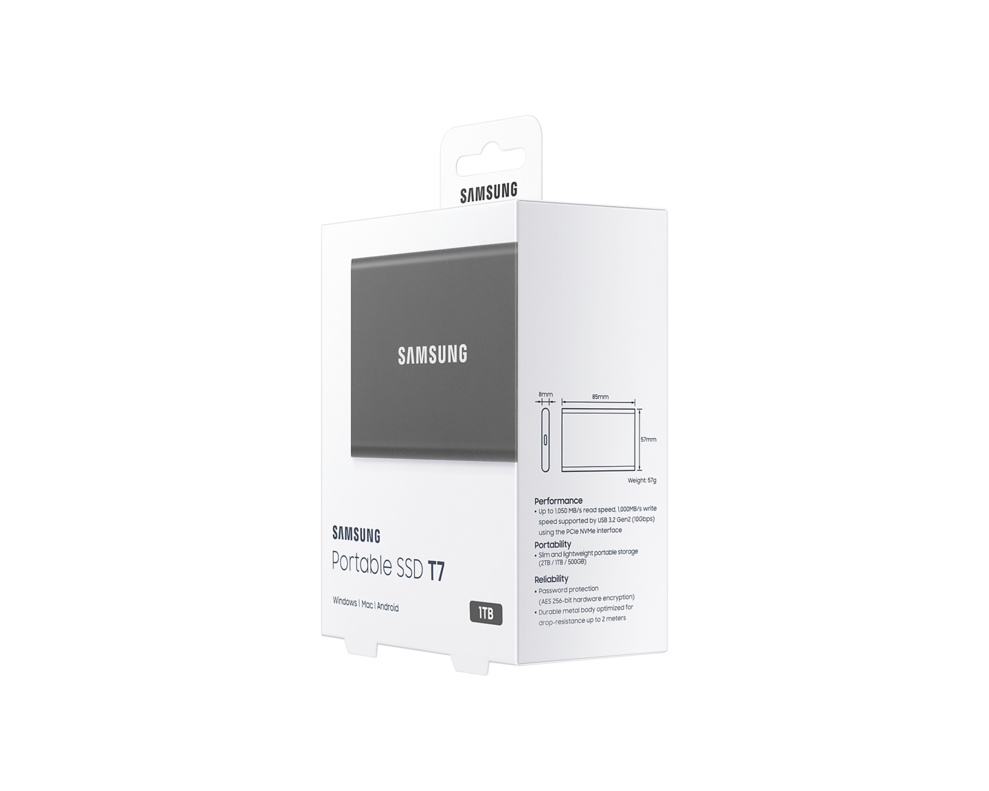 Samsung T7 1 Tt -SSD-levy, harmaa