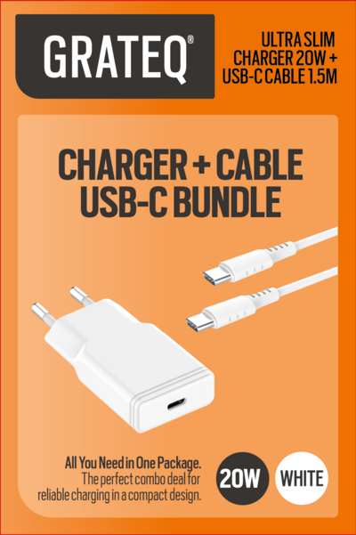 Grateq Tahko 20W USB-C-laturi + kaapeli 1,5 m