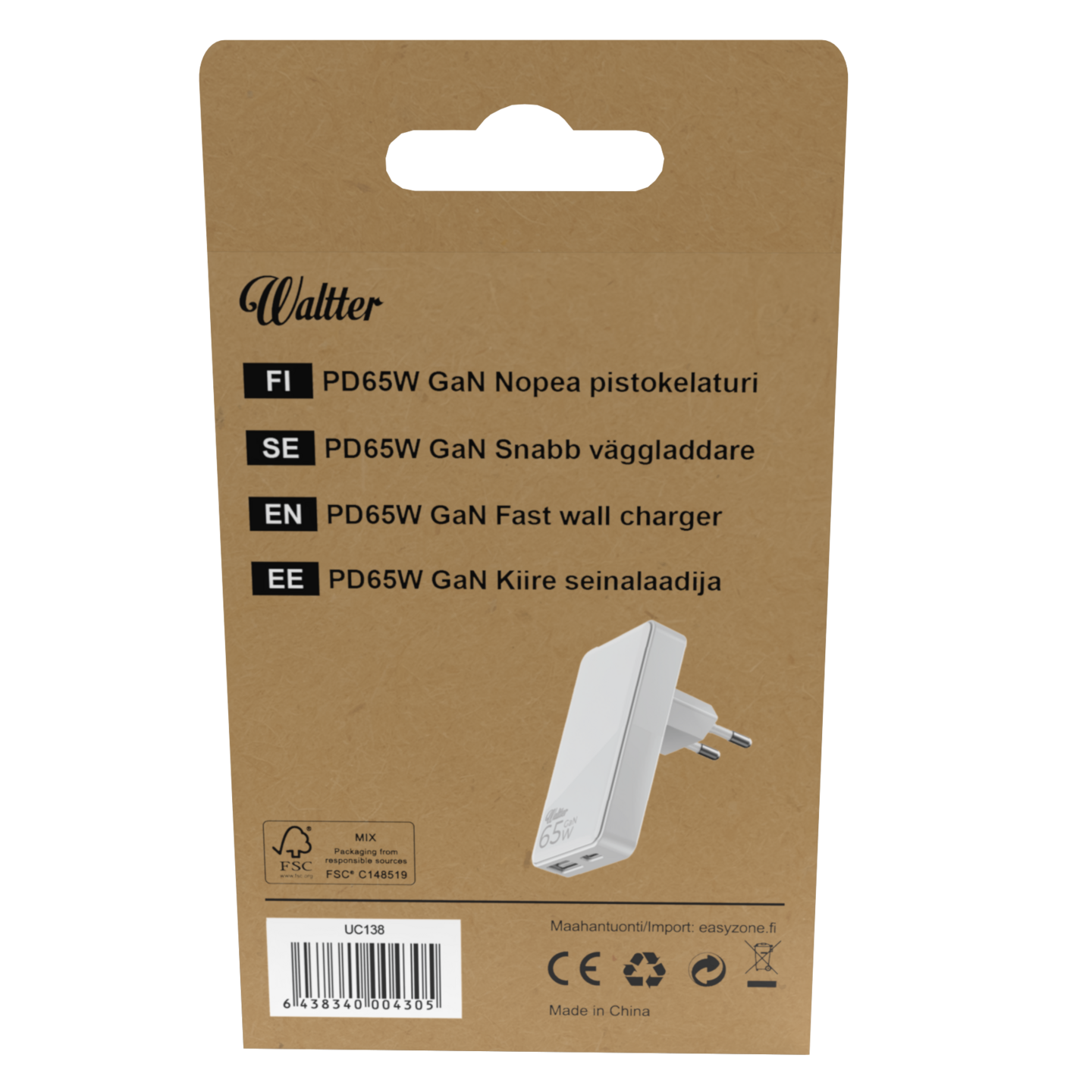 Waltter ECO 65 W GaN USB-A + USB-C PD -seinälaturi