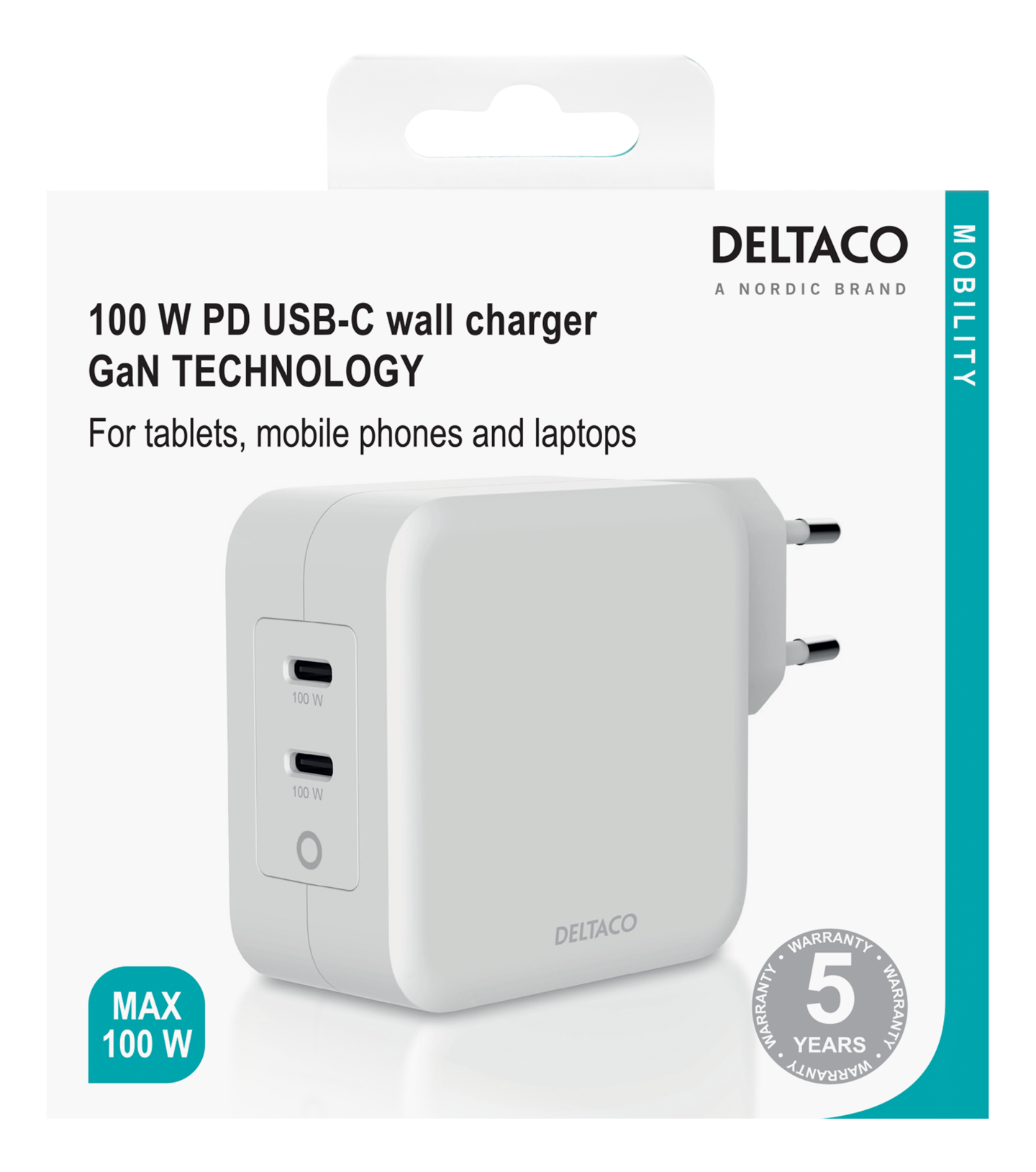 Deltaco USBC-GAN03 100W -seinälaturi