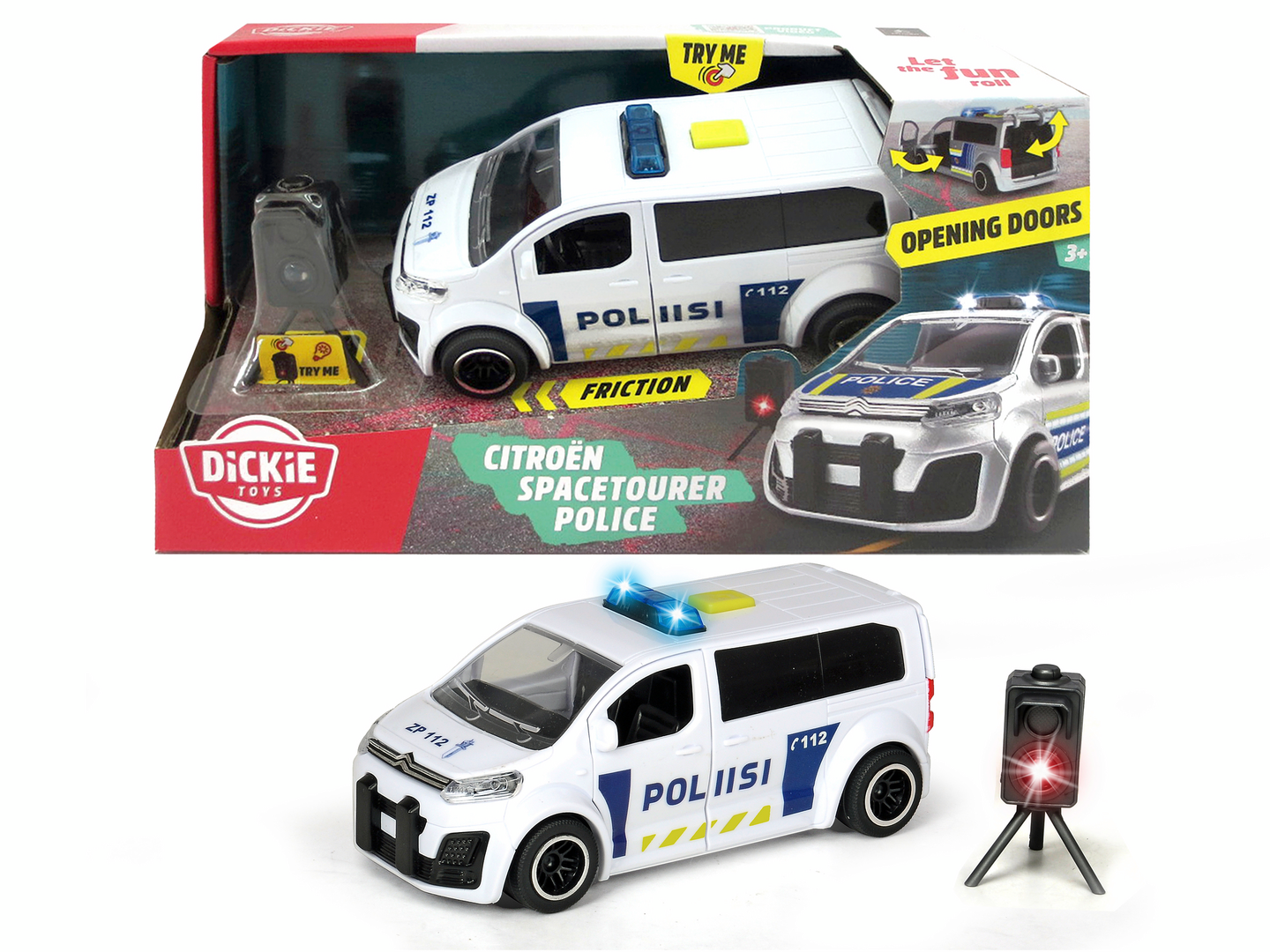 Dickie Toys Citroën Space Tourer poliisiauto ja tutka, 15 cm, 1:32, valo- ja äänitoiminto