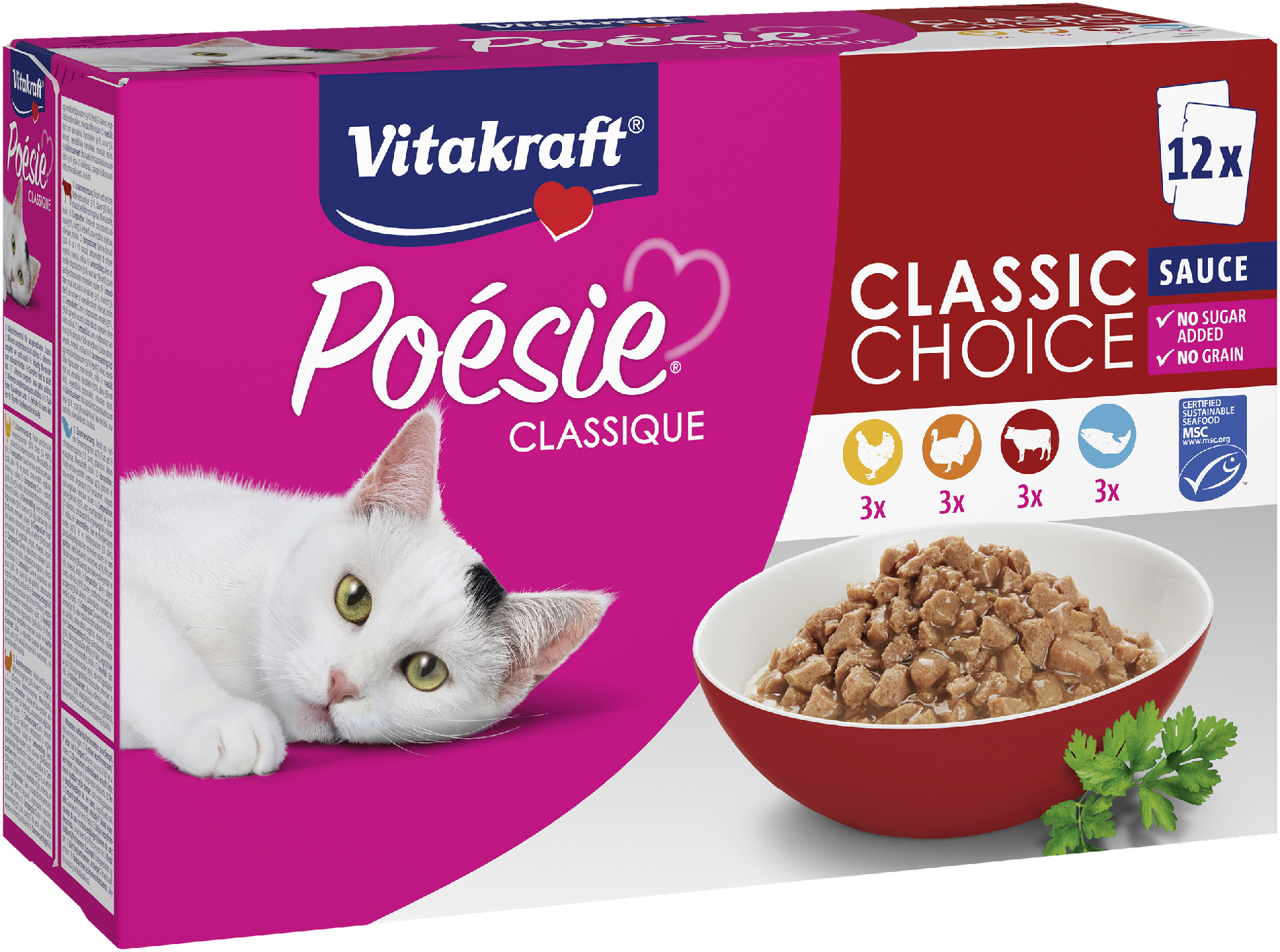 Vitakraft Poésie® Classique Kissan märkäruokalajitelma, 3x kanaa, 3x kalkkunaa, 3x härkää, 3x kalaa