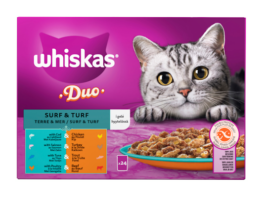Whiskas 1+ Duo Surf and Turf hyytelössä 24x85g