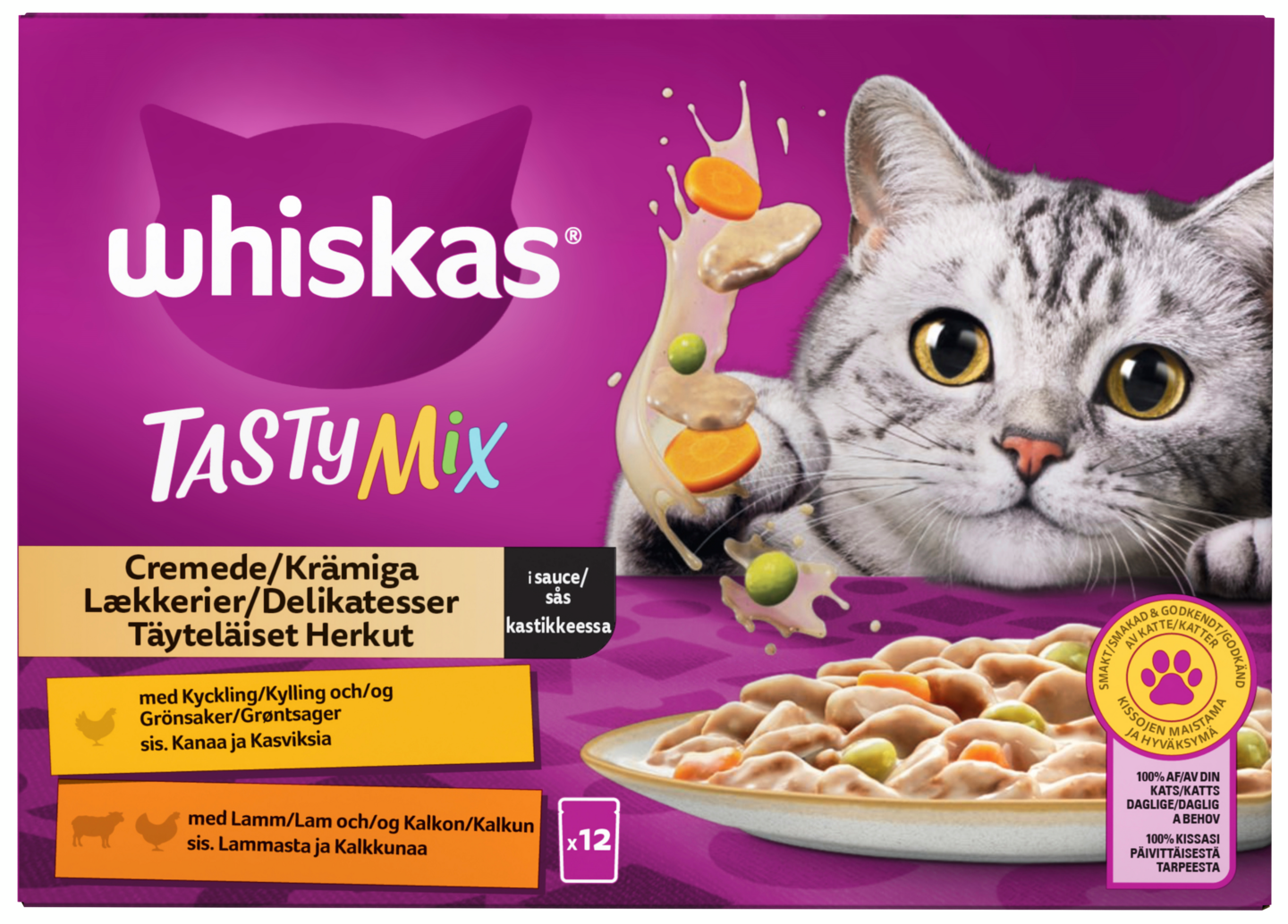Whiskas 1+ Tasty Mix Täyteläiset herkut kastikkeessa 12x85g