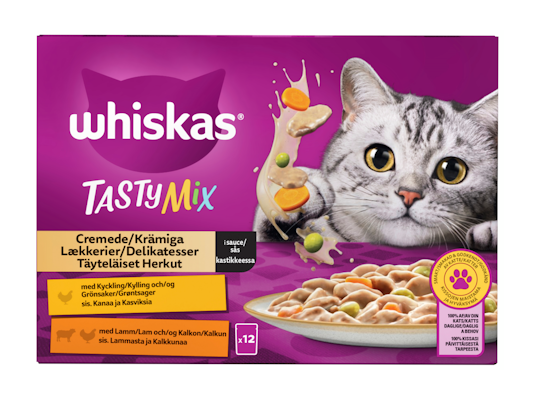 Whiskas 1+ Tasty Mix Täyteläiset herkut kastikkeessa 12x85g