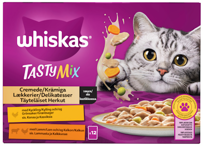 Whiskas 1+ Tasty Mix Täyteläiset herkut kastikkeessa 12x85g