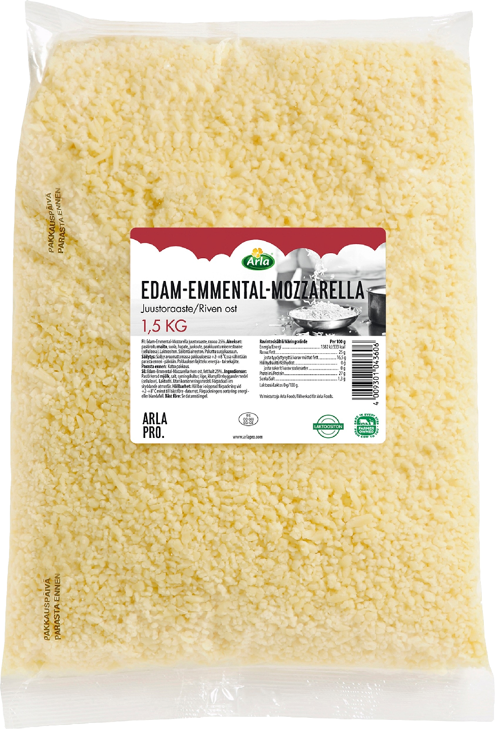 Arla Pro 1,5 kg 25% edam-emmental-mozzarella juustoraaste laktoositon