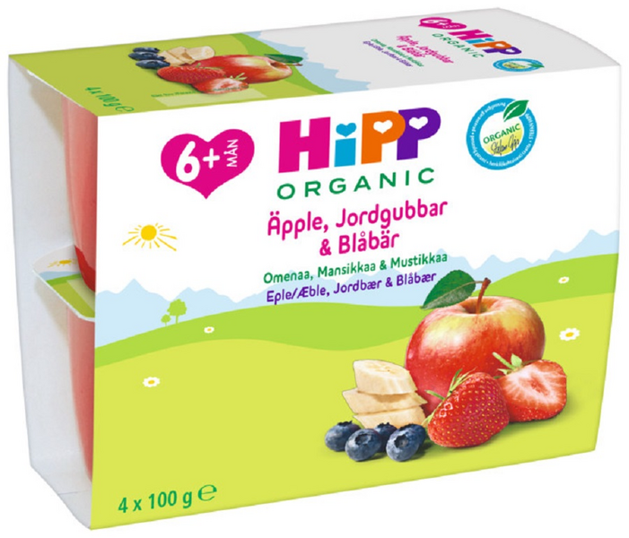 HIPP Fruit break omenaa, mansikkaa ja mustikkaa 4x100g 6kk luomu