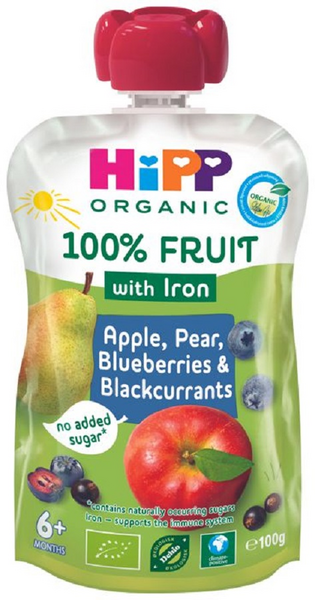 HiPP HiPPiS Luomu 100g 6kk omena, päärynä, mustikka & mustaherukka rauta