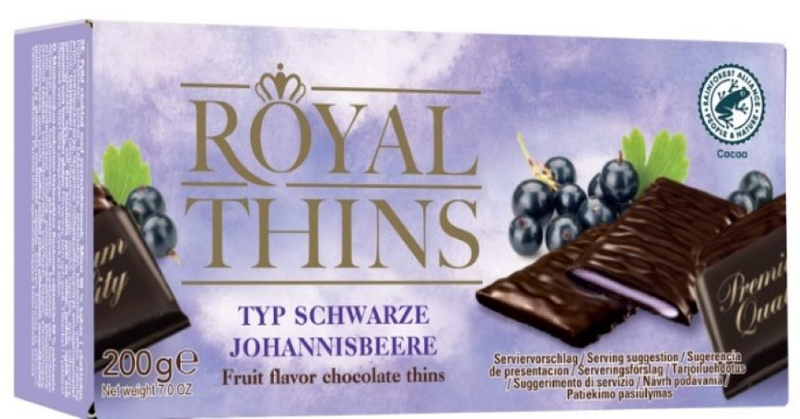Halloren Royal Thins mustaherukkatäytteinen tummasuklaa 200g