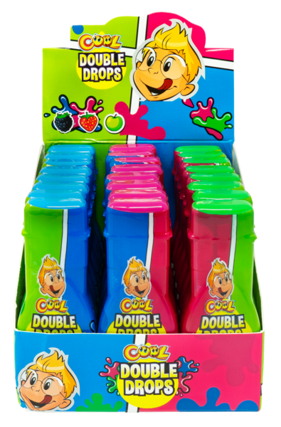 Cool Double Drops 55 g, Flytande konfekt med äpple/hallonsmak, hallon/jordgubbssmak och jordgubbs/äp
