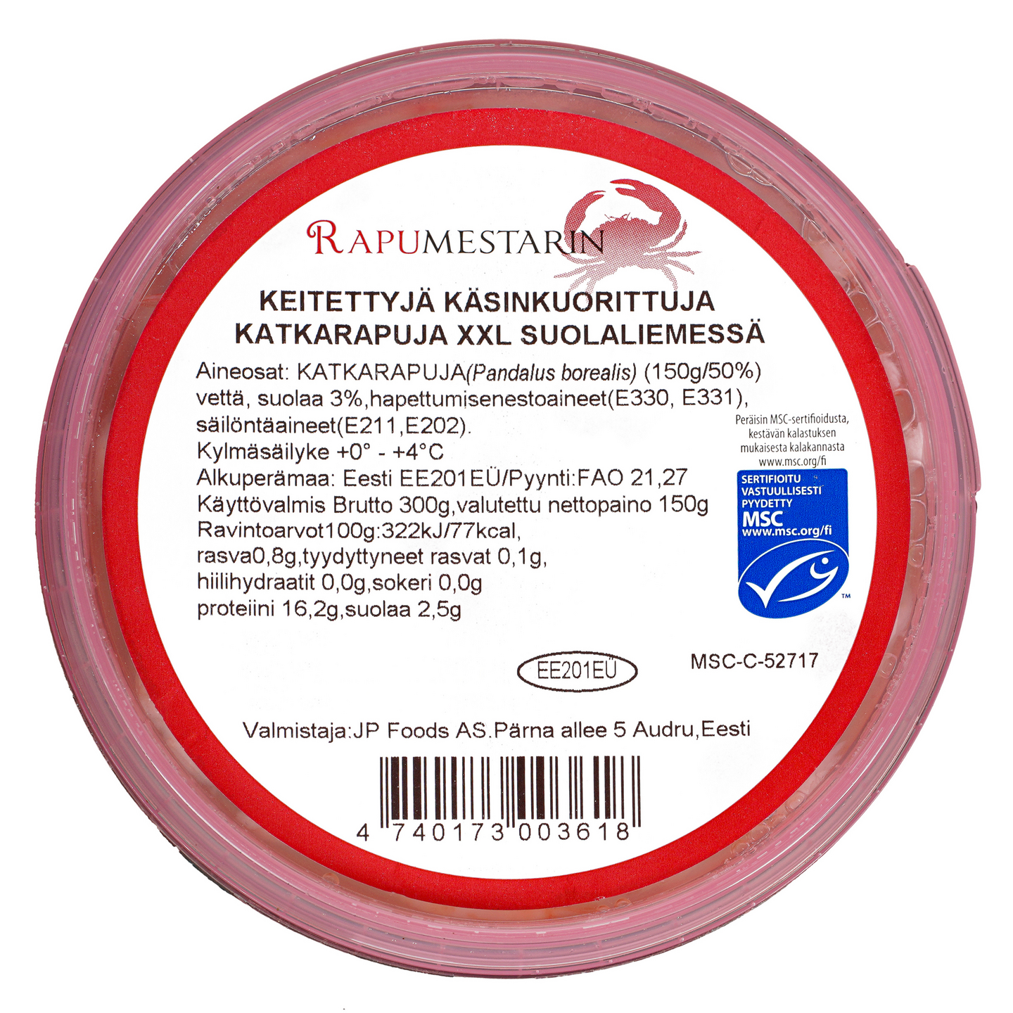 Rapumestarin keitettyjä käsinkuorittuja XXL katkarapuja suolaliemessä 300/150g MSC