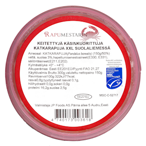 Rapumestarin keitettyjä käsinkuorittuja XXL katkarapuja suolaliemessä 300/150g MSC