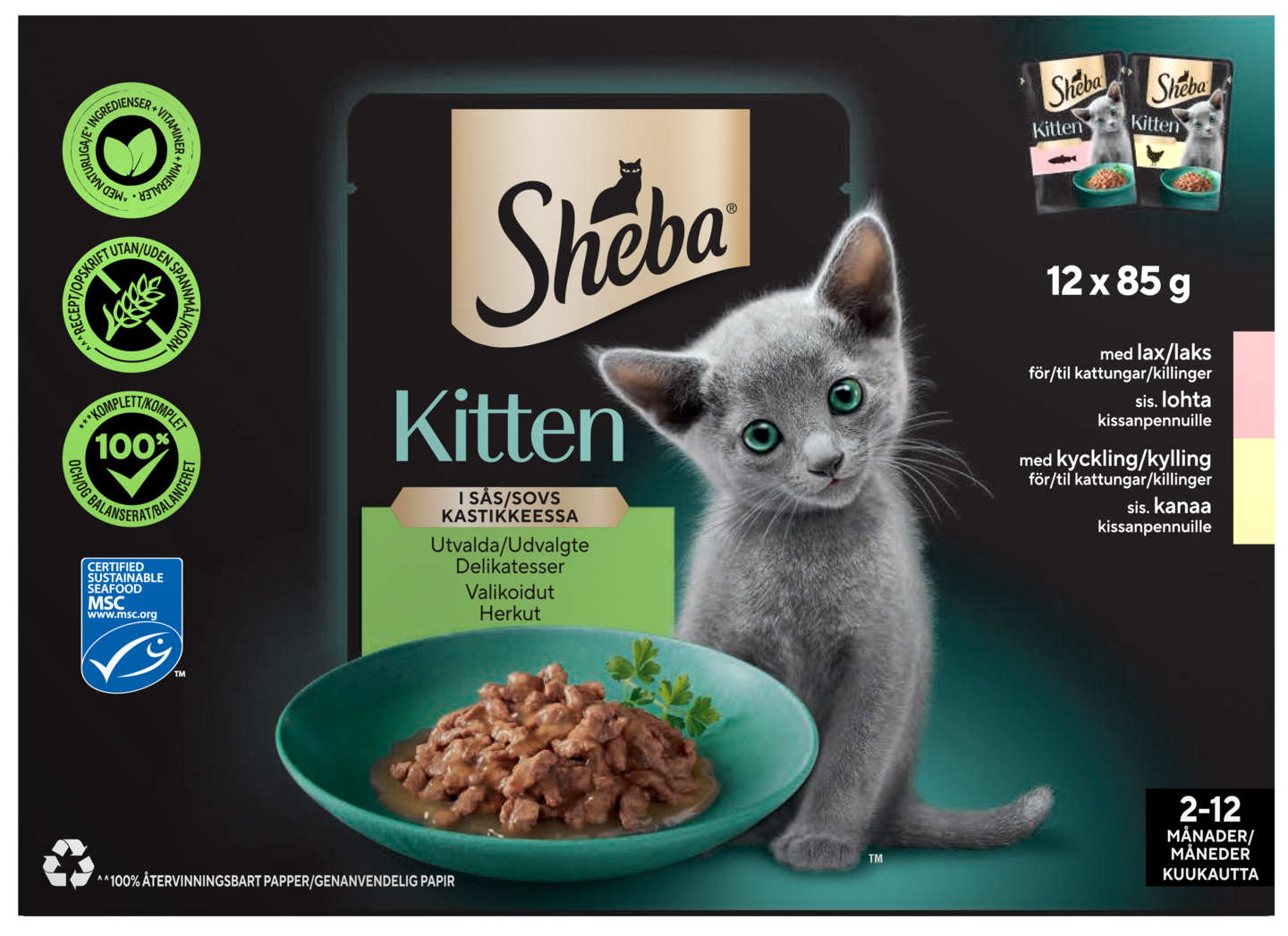 Sheba Kitten annospussilajitelma kastikkeessa 12x85g kana-lohi