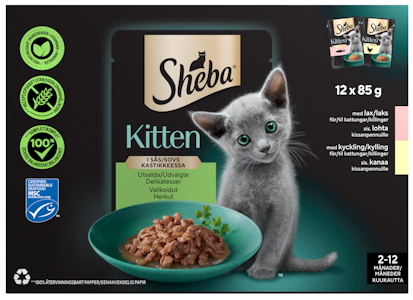 Sheba Kitten annospussilajitelma kastikkeessa 12x85g kana-lohi