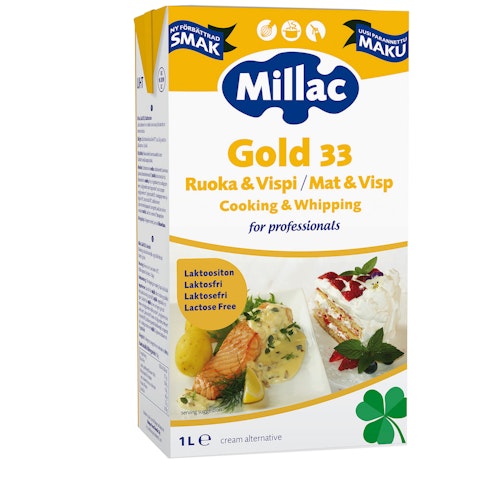 Millac Gold 33, Ruoka & Vispi, laktoositon, kasvirasvan ja kerman sekoite, 1l, UHT