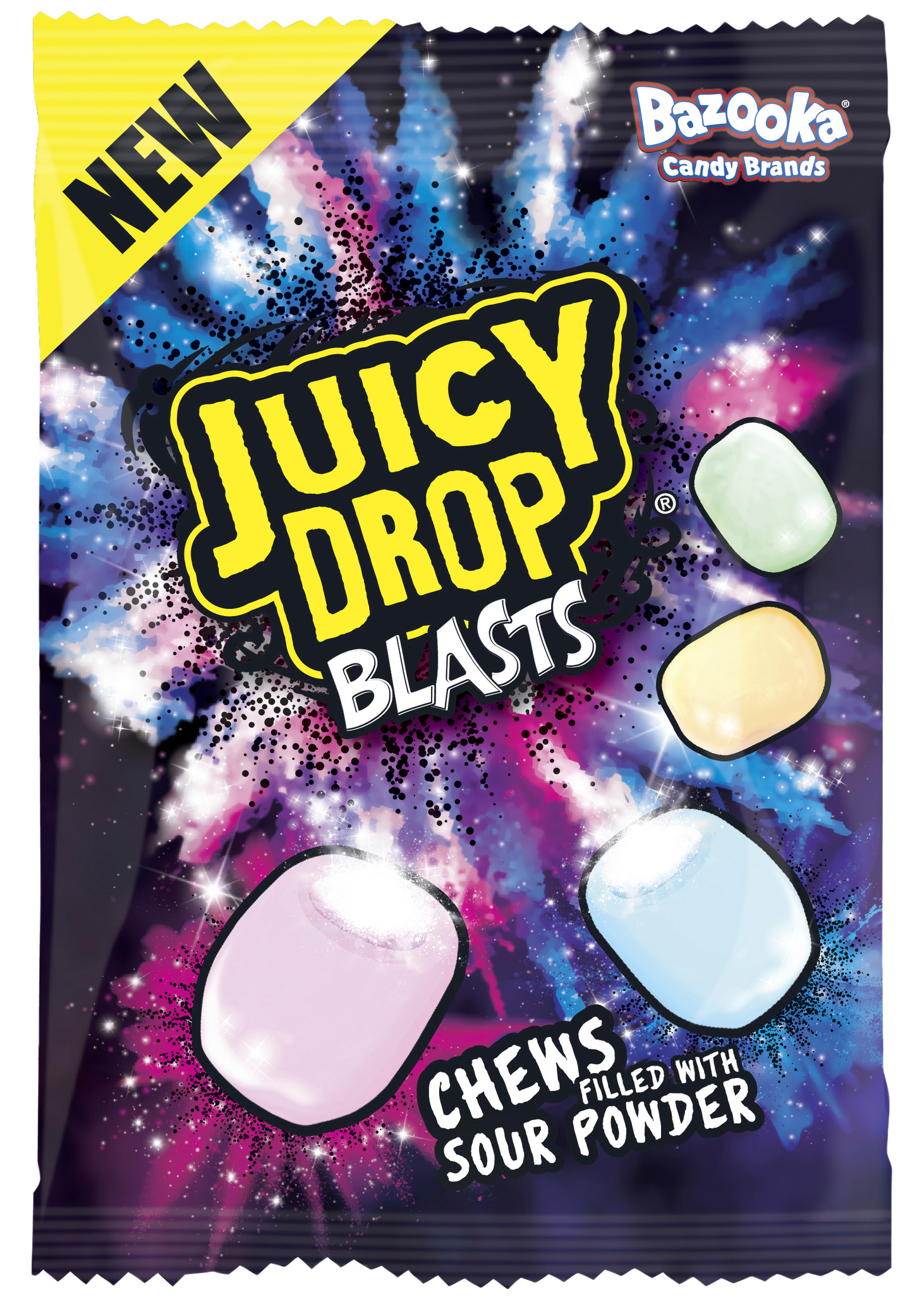 Juicy Drop Blasts 120g hedelmätoffeesekoitus kirpeällä jauhetäytteellä