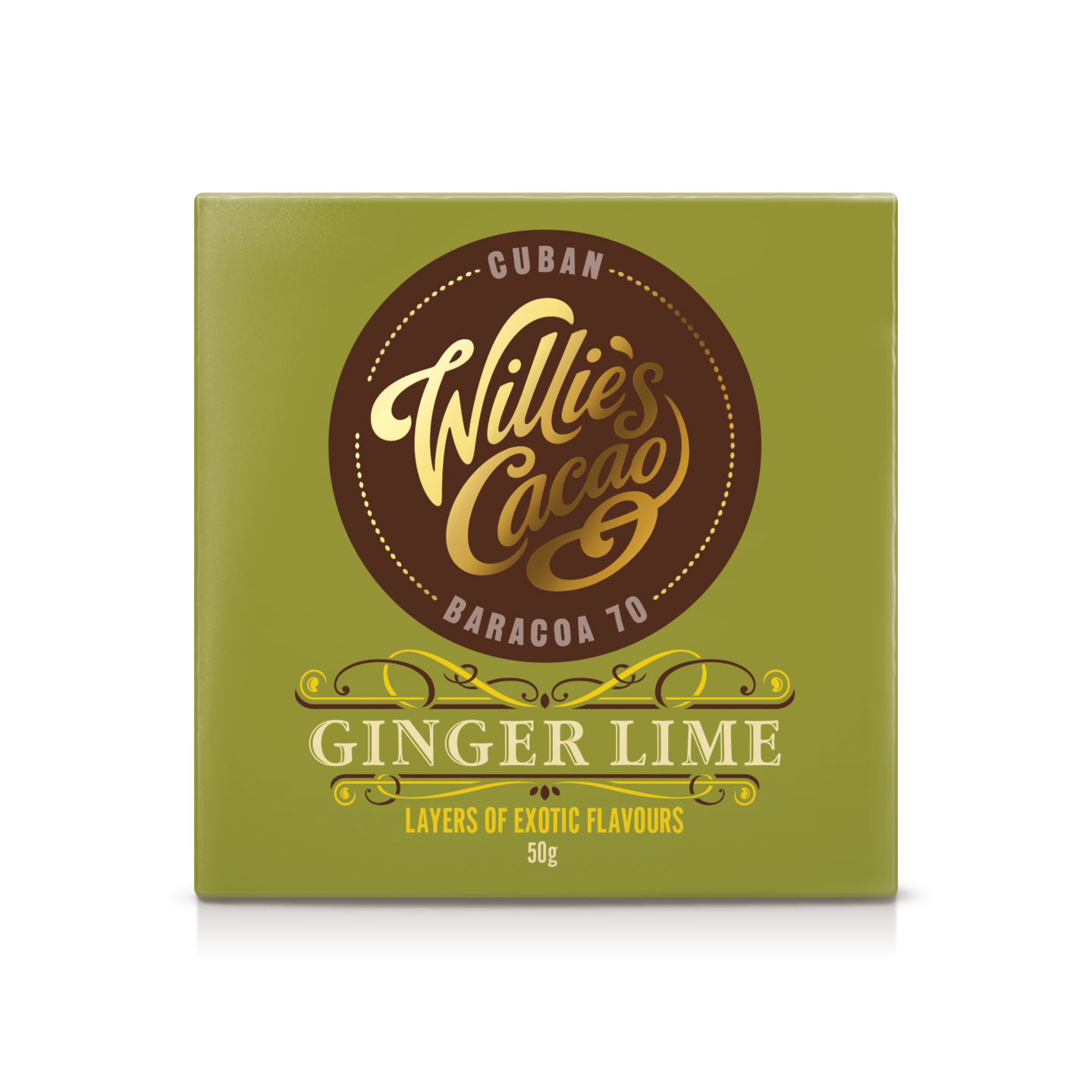 Willie's Cacao Ginger % Lime 50g inkiväärillä ja limellä maustettu tumma suklaa