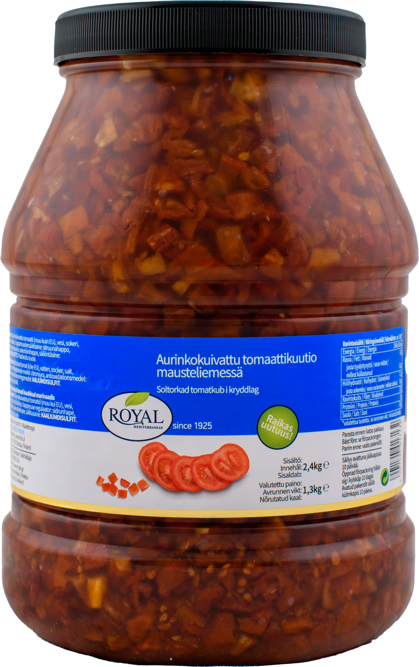 Royal aurinkokuivattu tomaattikuutio mausteliemessä 2,4kg/1,3kg