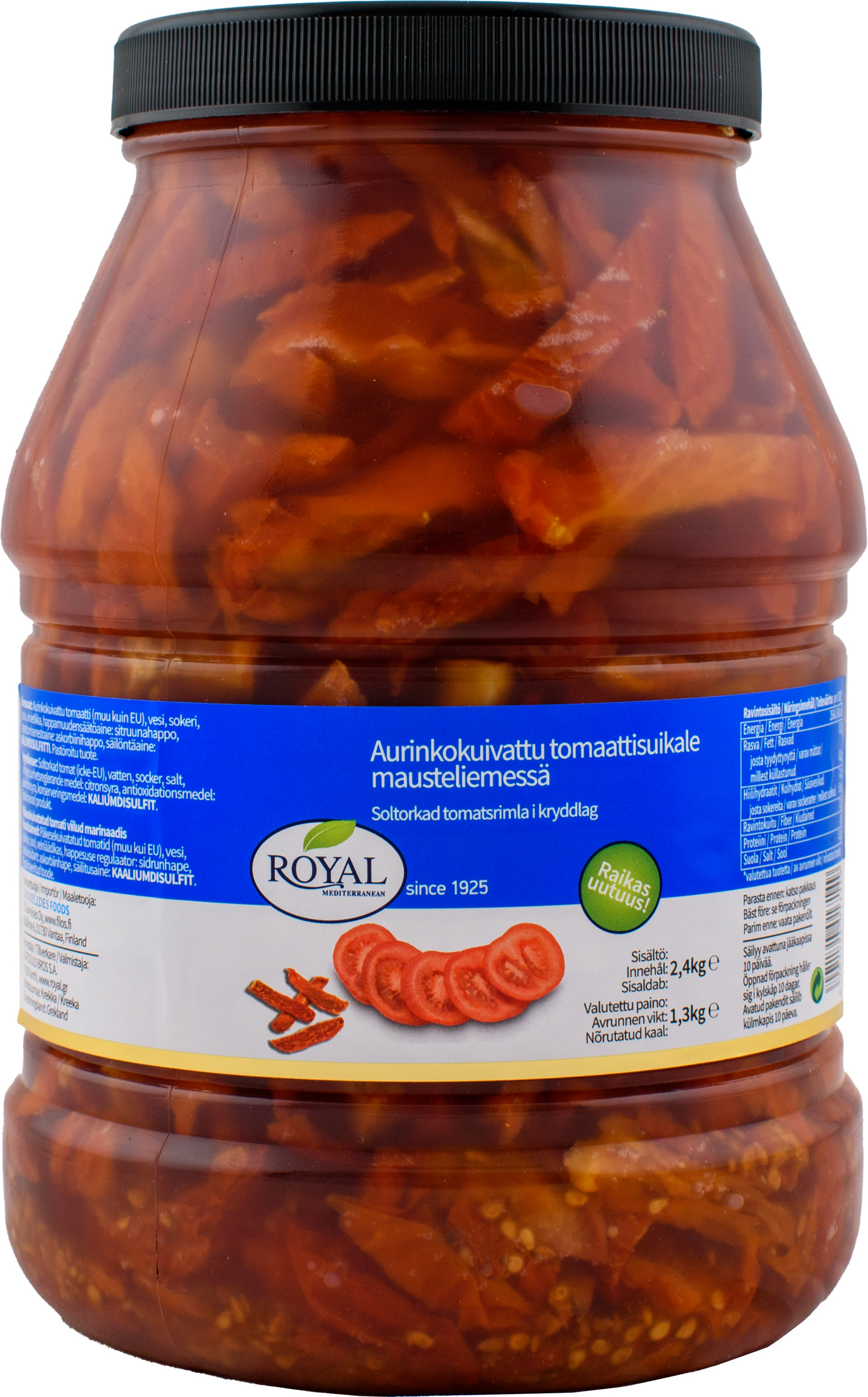 Royal aurinkokuivattu tomaattisuikale mausteliemessä 2,4kg/1,3kg