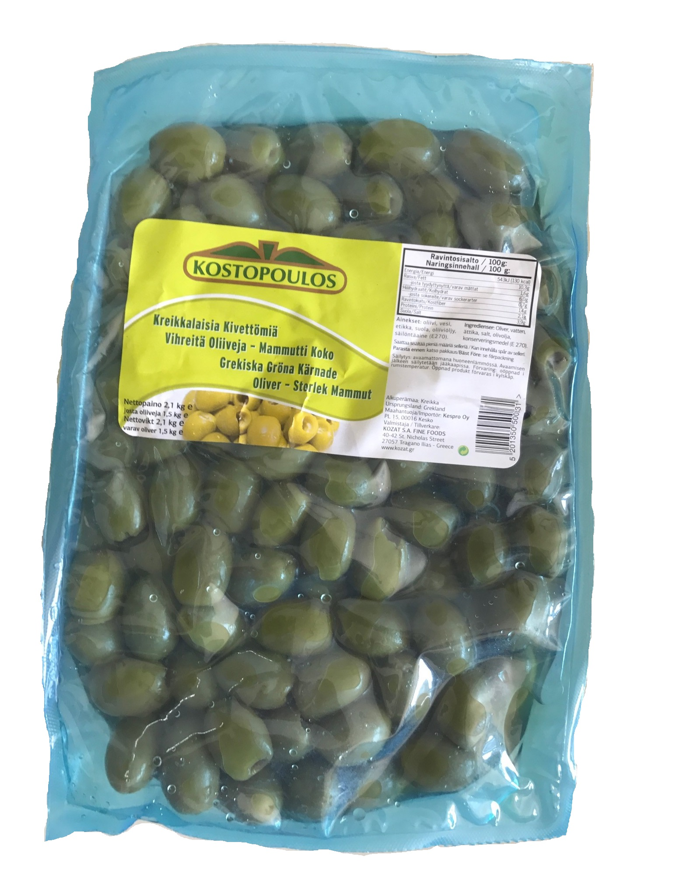 Kostopoulos kreikkalaisia kivettömiä vihreitä oliiveja mammuttikoko 2,1kg/1,5kg pussi