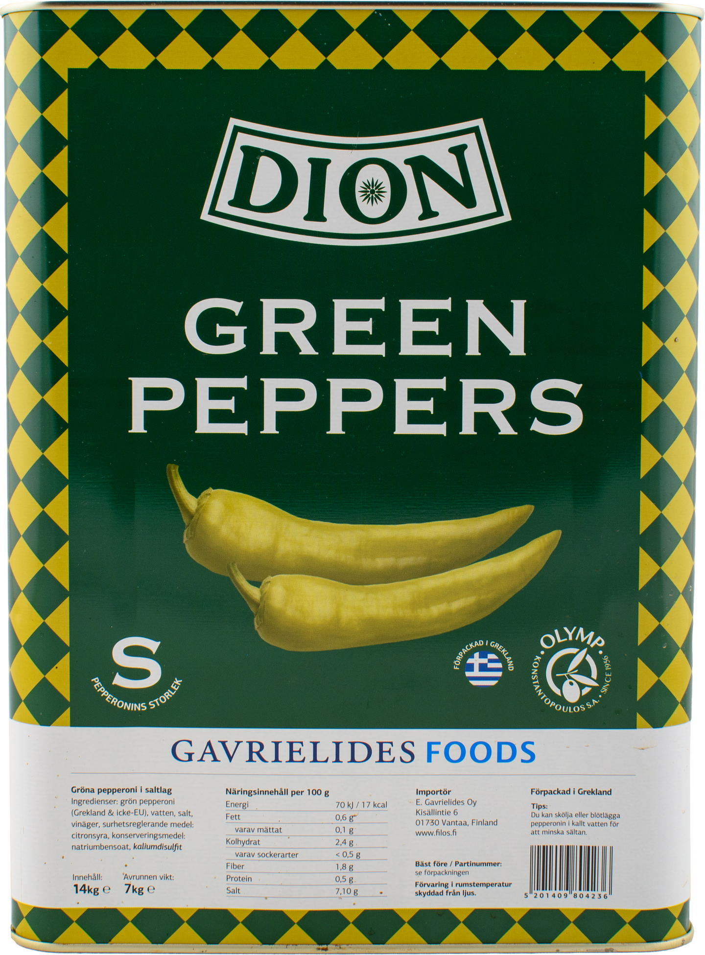 Dion vihreät pepperonit suolaliemessä, koko S 14kg/7kg