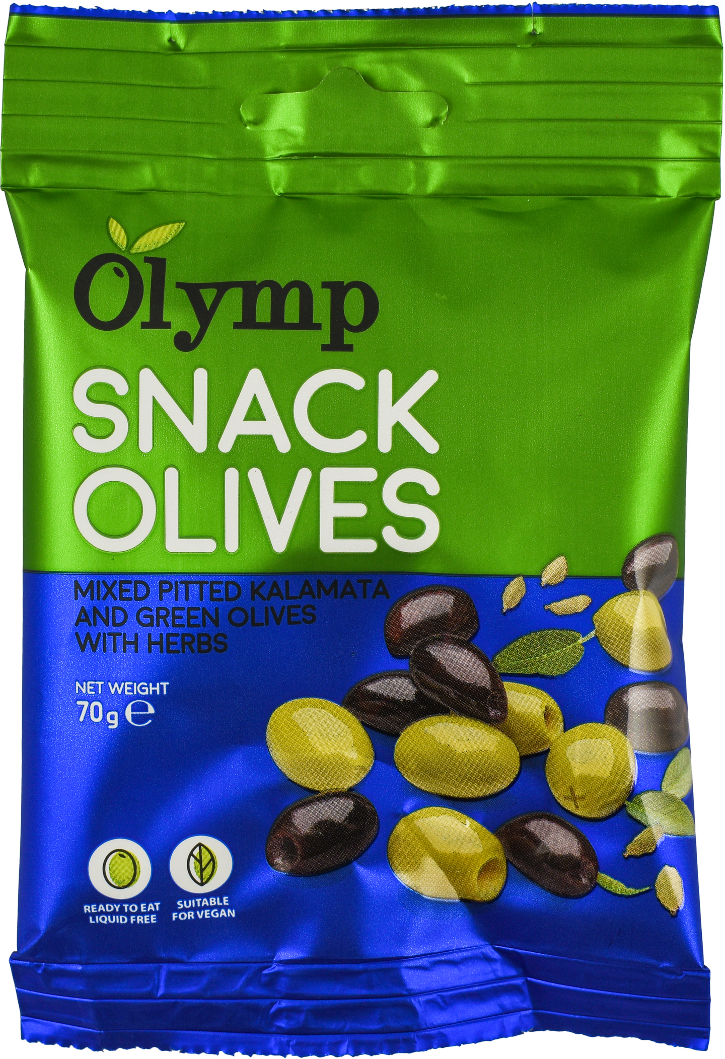 Olymp Yrttimarinoitu kivetön Kalamata ja vihreä oliivi snack 70g