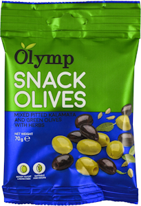 Olymp Yrttimarinoitu kivetön Kalamata ja vihreä oliivi snack 70g