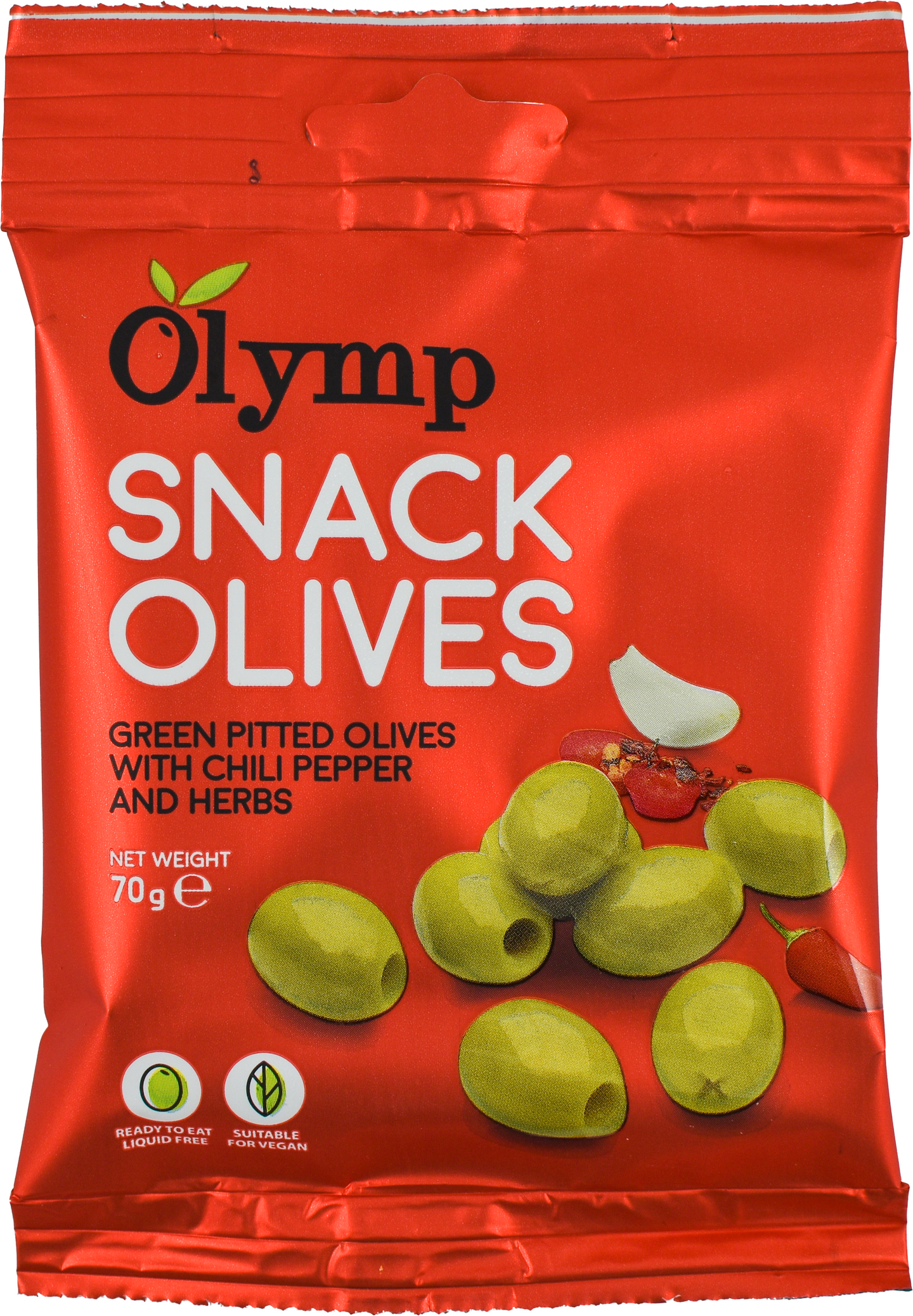 Olymp Chili-yrttimarinoitu kivetön vihreä oliivi snack 70g