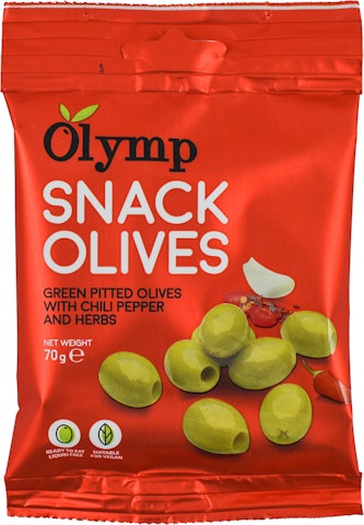 Olymp Chili-yrttimarinoitu kivetön vihreä oliivi snack 70g