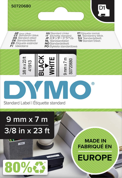Dymo D1 9 mm x 7 m -tarranauha, musta/valk