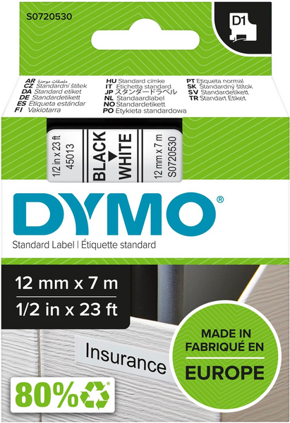 Dymo D1 12 mm x 7 m -tarranauha, musta/valk