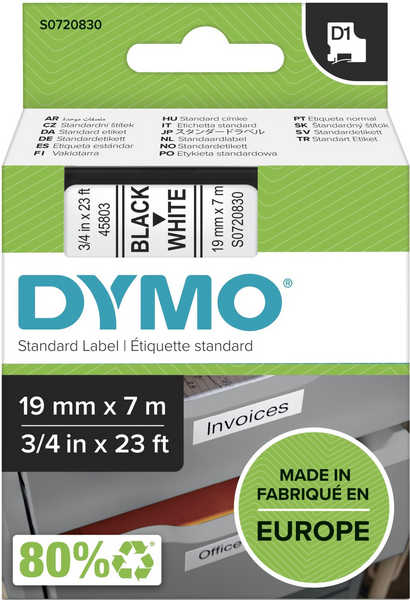 Dymo D1 19 mm x 7 m -tarranauha, musta/valk