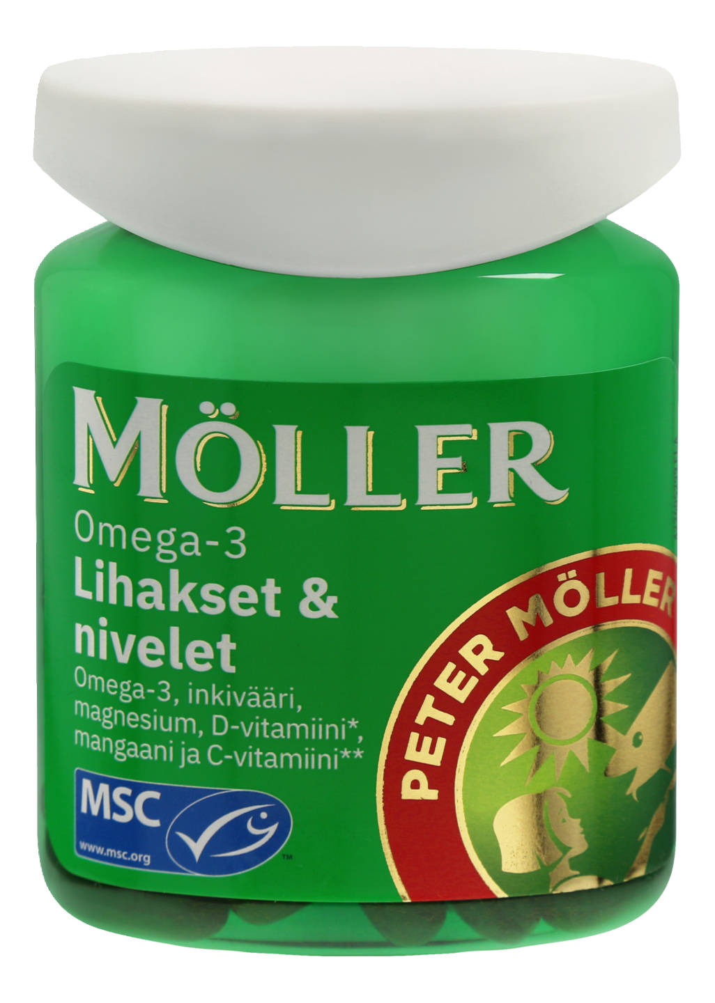Möller Omega-3 Lihakset & nivelet inkivääri-vitamiini-kivennäisainekapseli ravintolisä 81g 60kaps