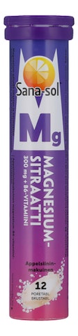 Sana-sol magnesiumsitraatti 300mg + B6-vitamiini 78g 12tab