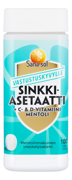 Sana-sol Sinkkiasetaatti+C- & D-vitamiini Mentoli imeskelytabletti ravintolisä 100tabl 120g