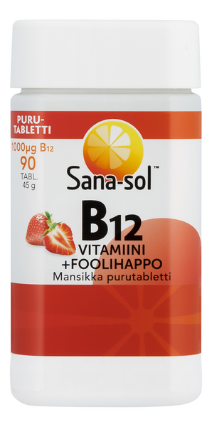 Sana-sol B12-vitamiini 1000µg+foolihappo Mansikka purutabletti ravintolisä 90tabl 45g