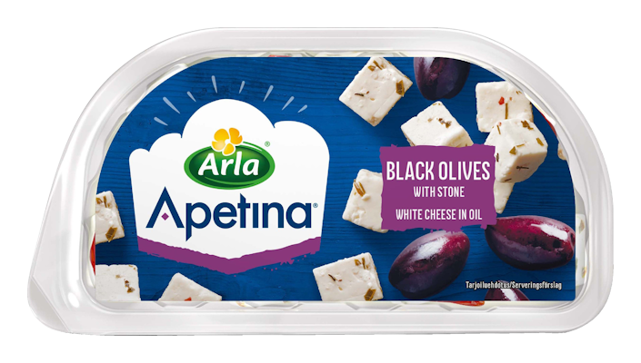 Arla Apetina 100/60g snack välimerellinen juusto kuutioina ja mustia oliiveja ölymarinadissa.