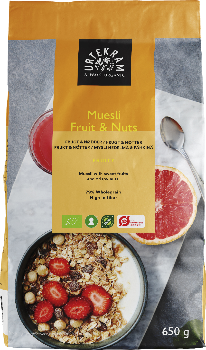 Urtekram Mysli Fruit and Nuts Rusina, Aprikoosi ja hasselpähkinä 650g luomu