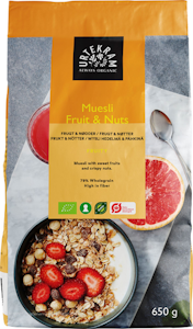 Urtekram Mysli Fruit and Nuts Rusina, Aprikoosi ja hasselpähkinä 650g luomu