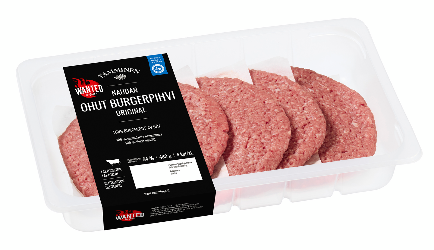 Tamminen naudan ohut burgerpihvi 4 kpl 480 g