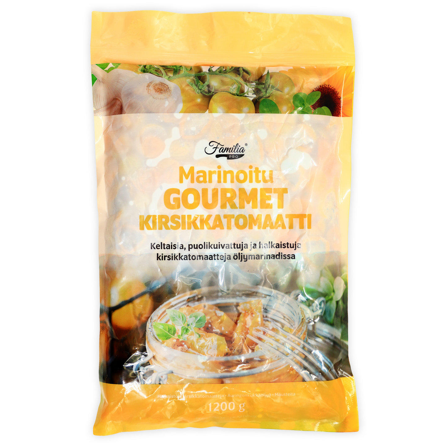 Familia Pro Gourmet Kirsikkatomaatti puolikuivattu marinoitu keltainen 1,2kg pakaste