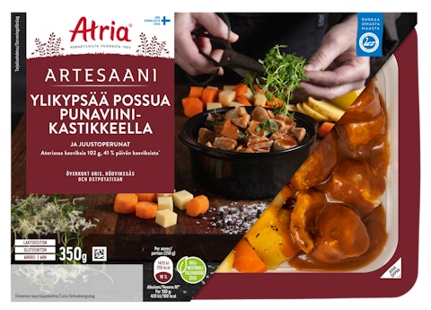 Atria Artesaani ylikypsää possua, punaviinikastiketta ja juustoperunat 350g