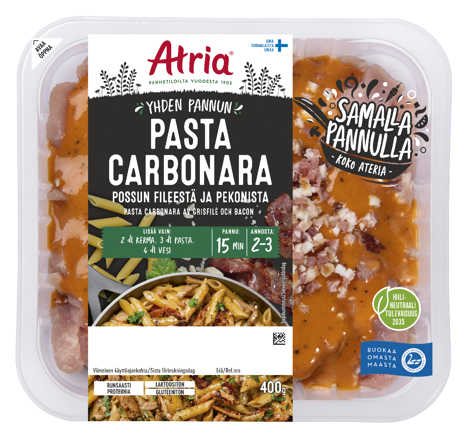 Atria Yhden Pannun Pasta Carbonara Possun Fileestä ja Pekonista 400g